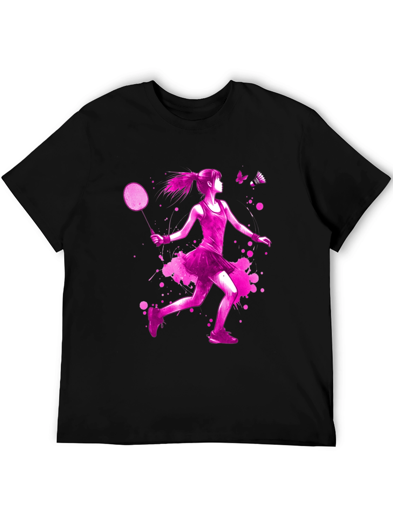 Badminton Girl Pink Print Black T-Shirt