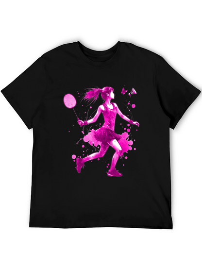 Badminton Girl Pink Print Black T-Shirt