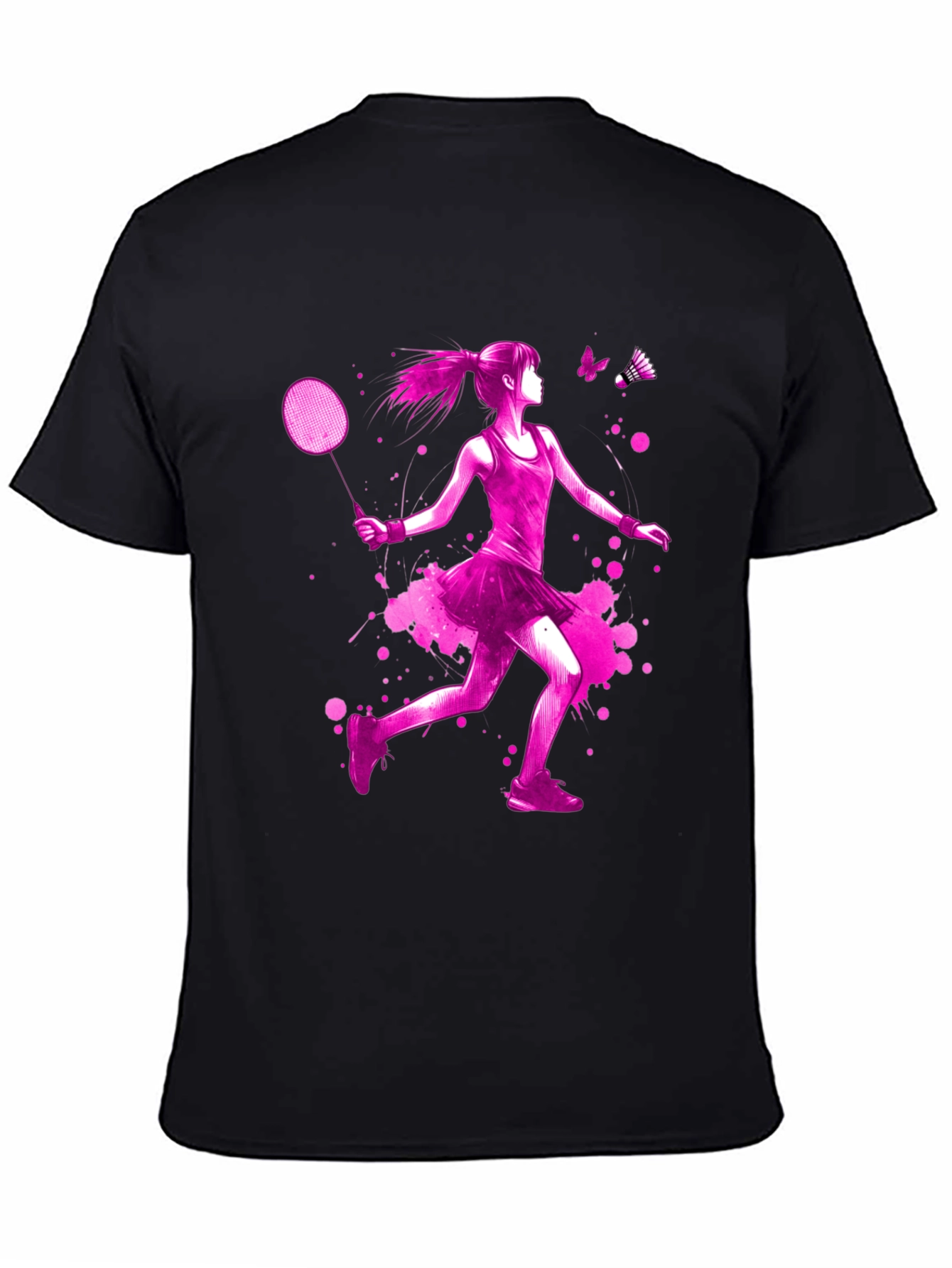 Badminton Girl Pink Print Black T-Shirt
