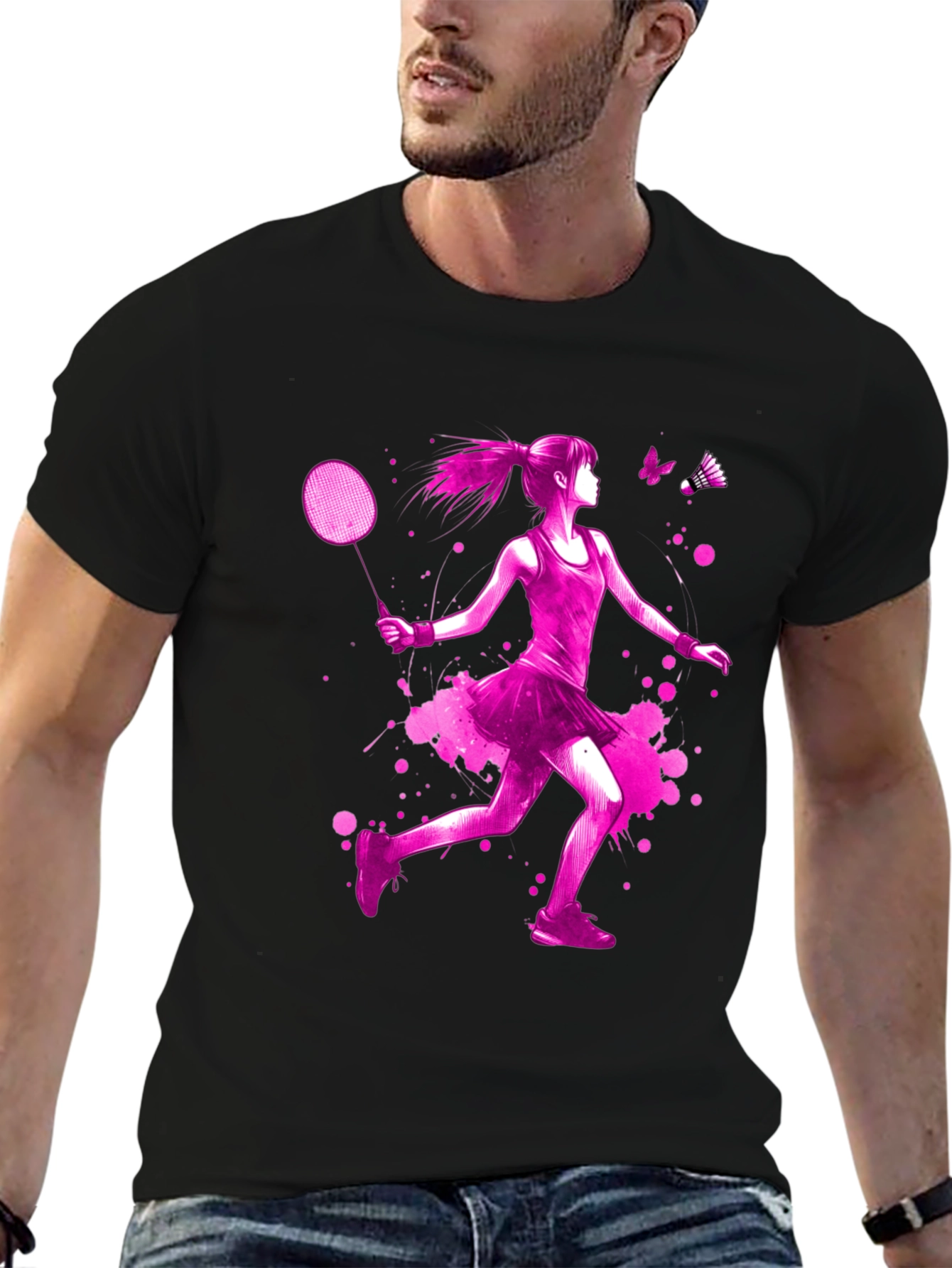 Badminton Girl Pink Print Black T-Shirt