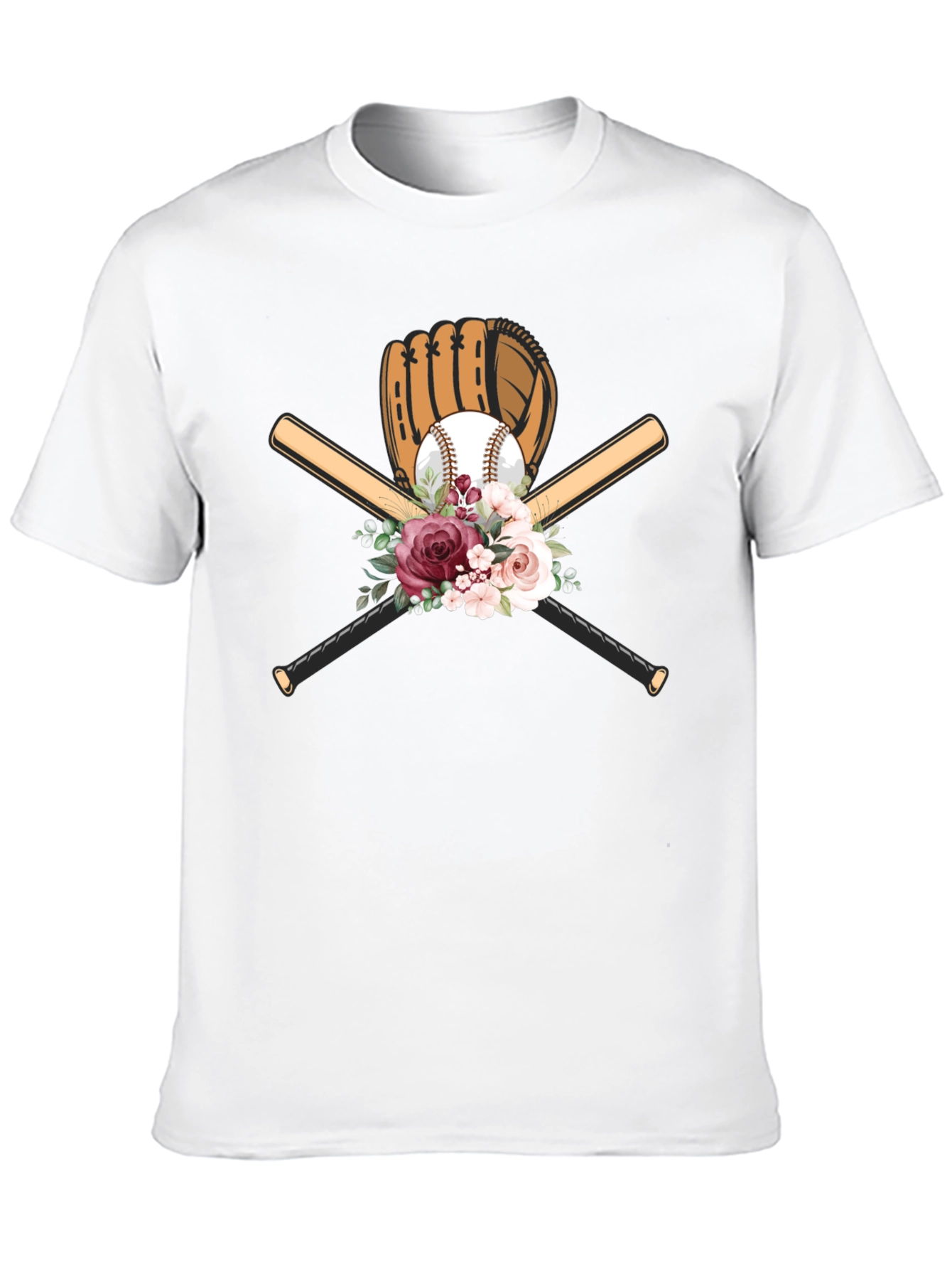Baseball Floral T-Shirt - Glove & Bats Design