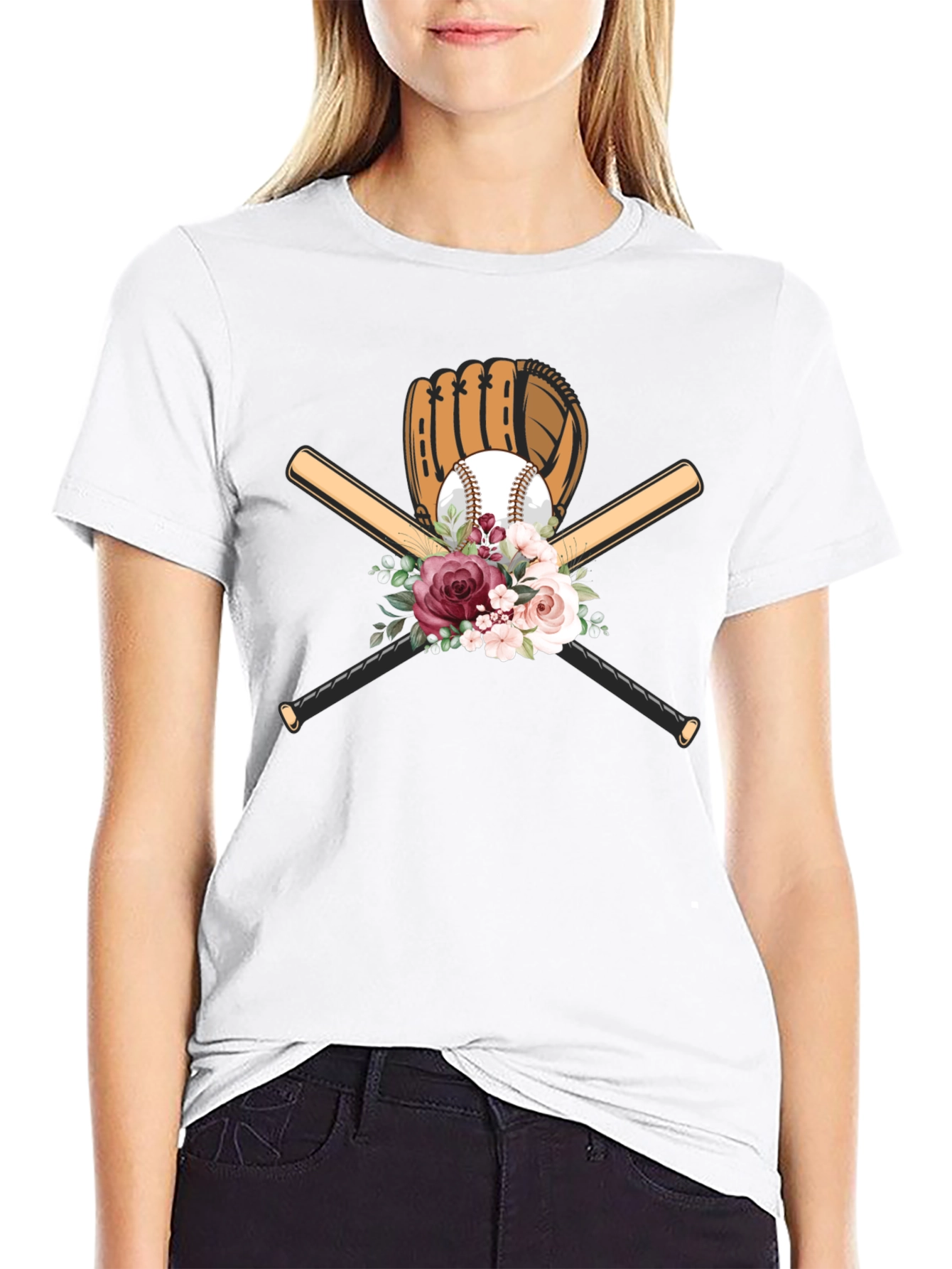 Baseball Floral T-Shirt - Glove & Bats Design