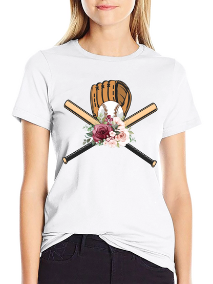 Baseball Floral T-Shirt - Glove & Bats Design