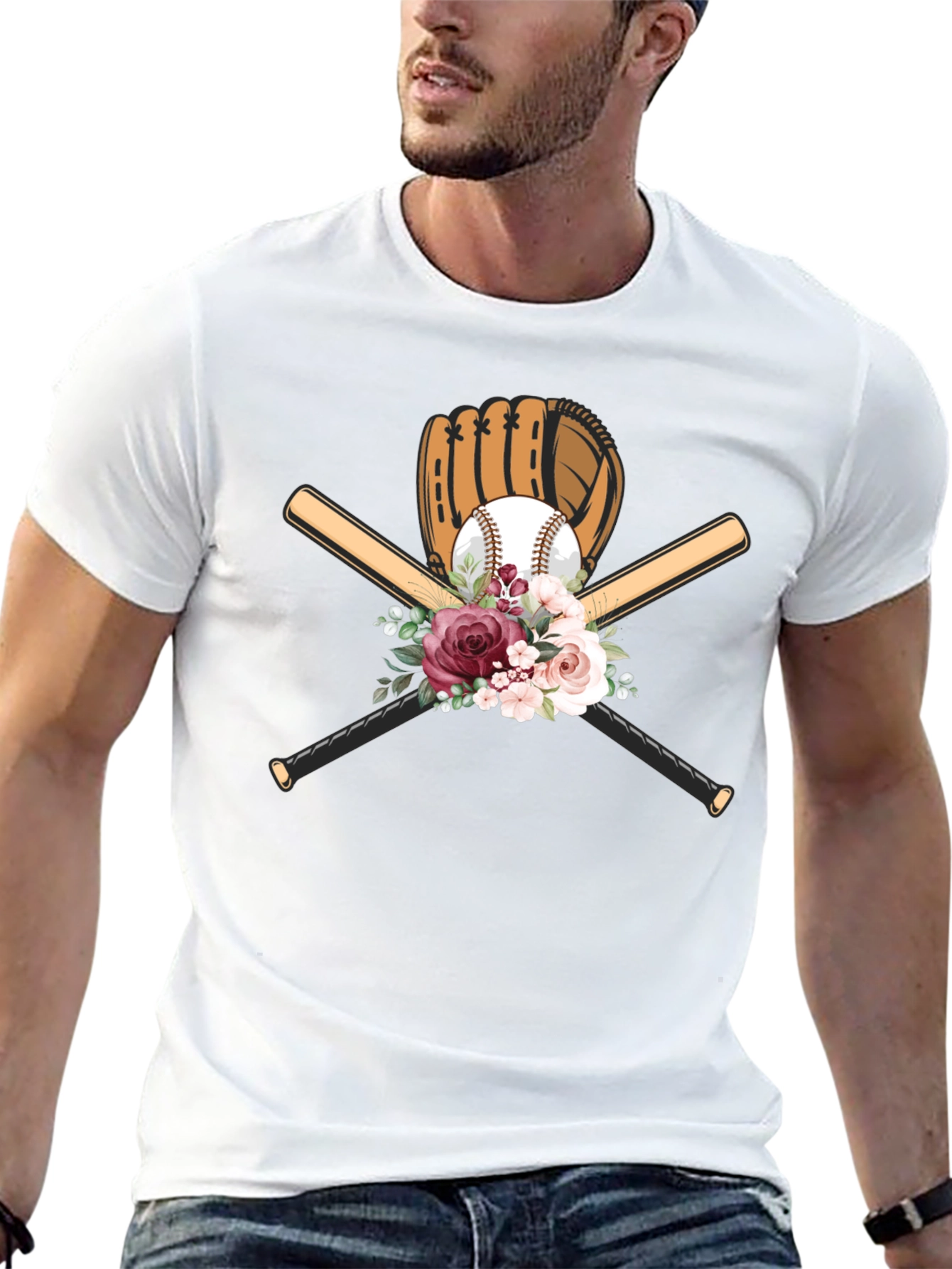 Baseball Floral T-Shirt - Glove & Bats Design