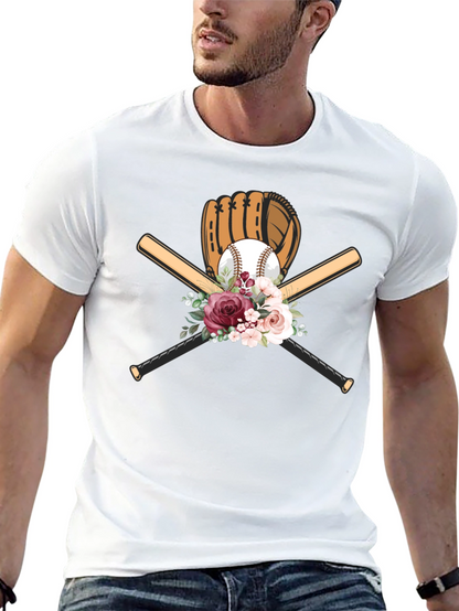 Baseball Floral T-Shirt - Glove & Bats Design