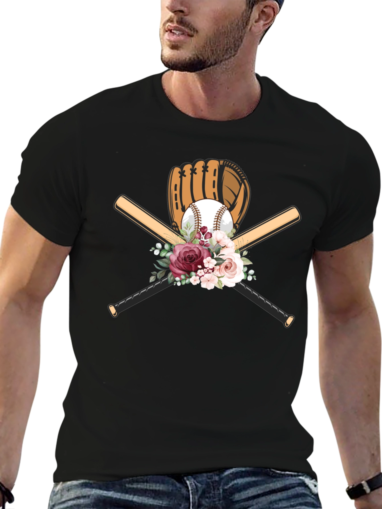 Baseball Floral T-Shirt - Glove & Bats Design