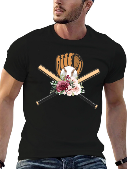 Baseball Floral T-Shirt - Glove & Bats Design