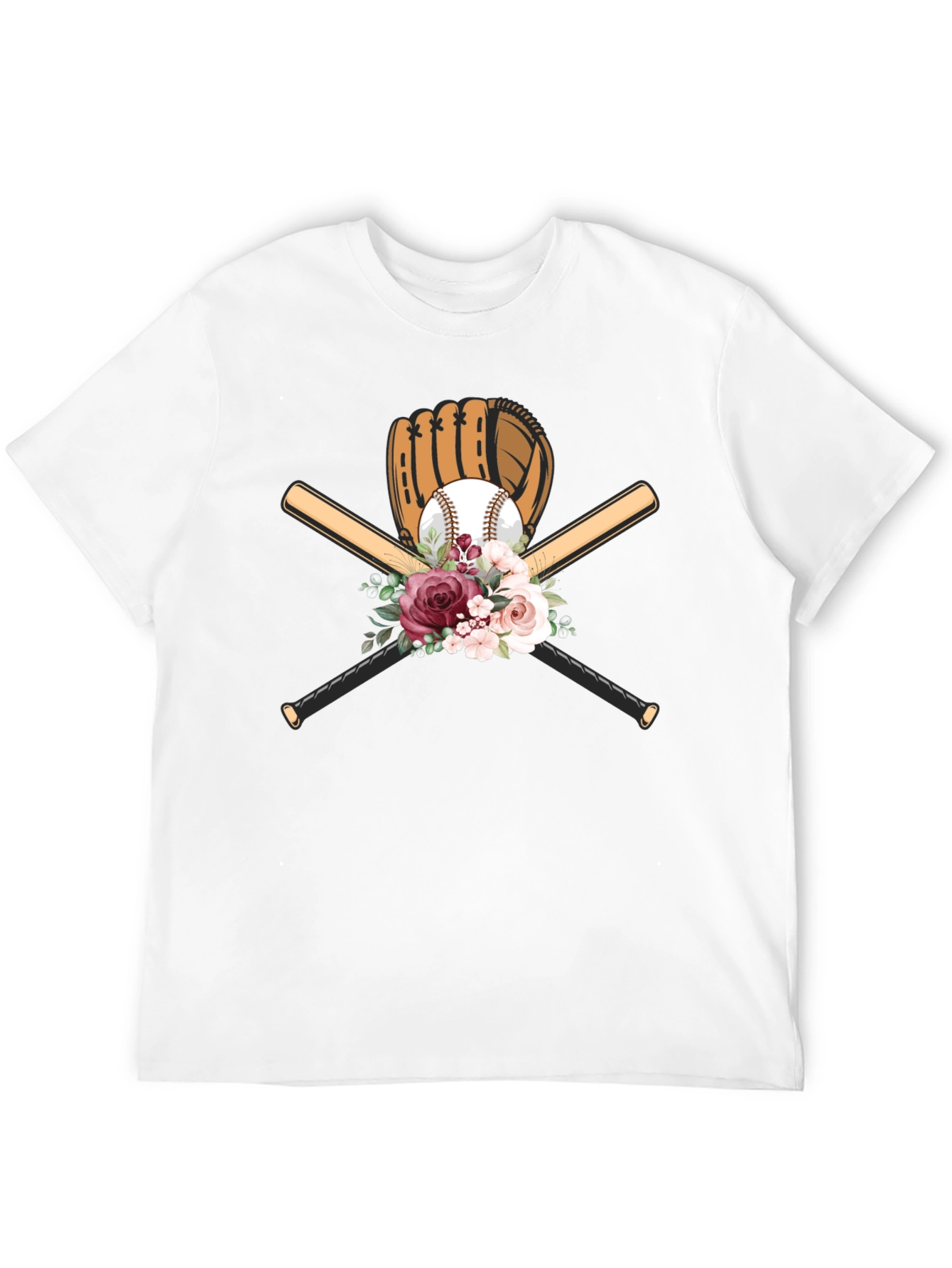 Baseball Floral T-Shirt - Glove & Bats Design