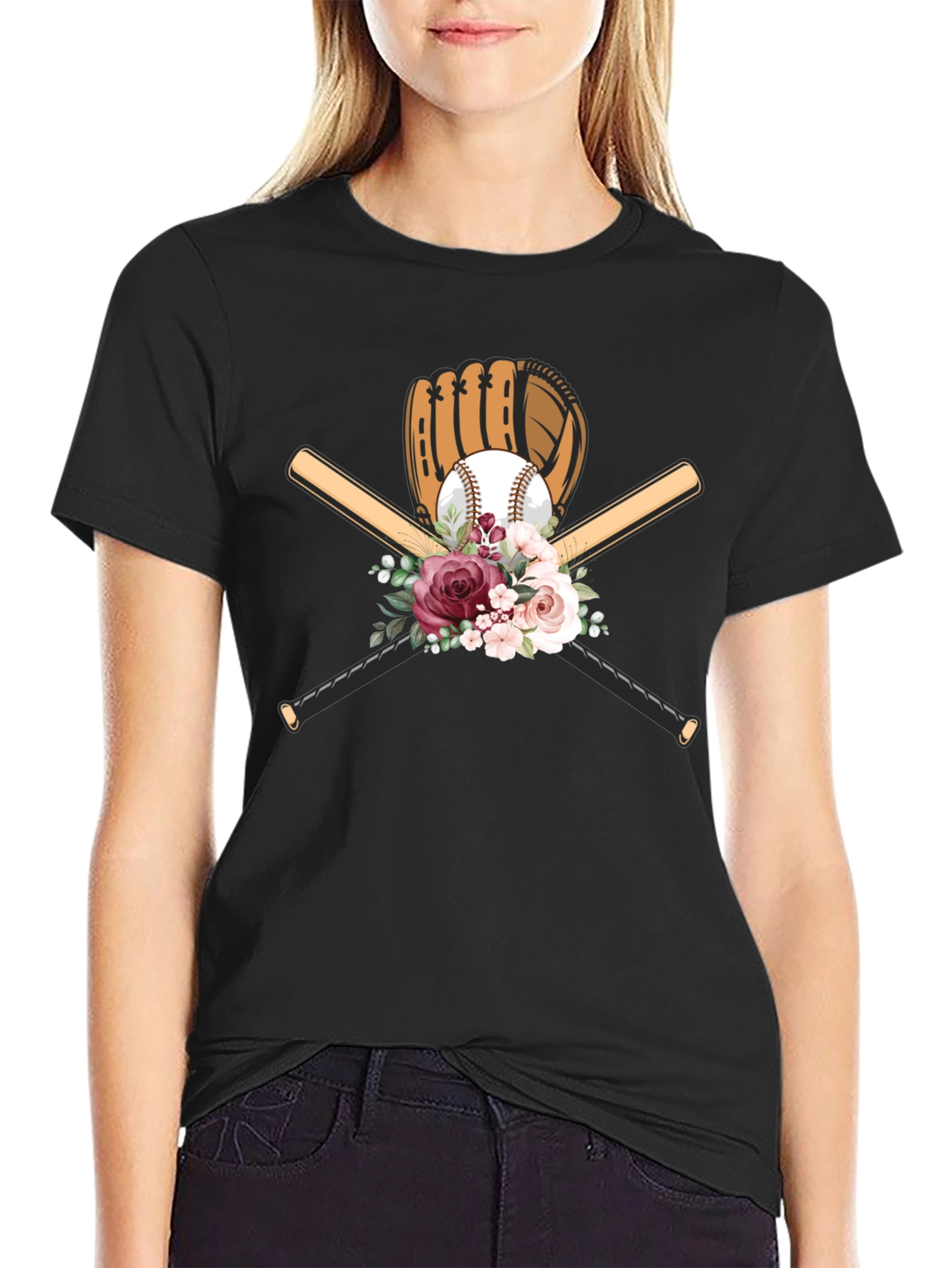 Baseball Floral T-Shirt - Glove & Bats Design