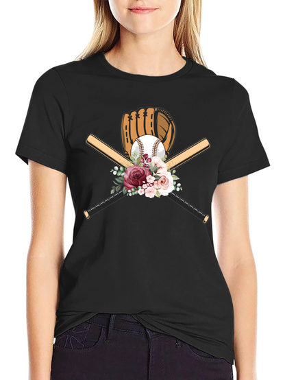 Baseball Floral T-Shirt - Glove & Bats Design