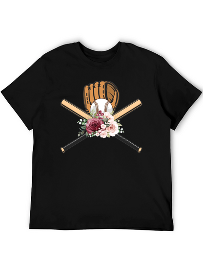 Baseball Floral T-Shirt - Glove & Bats Design