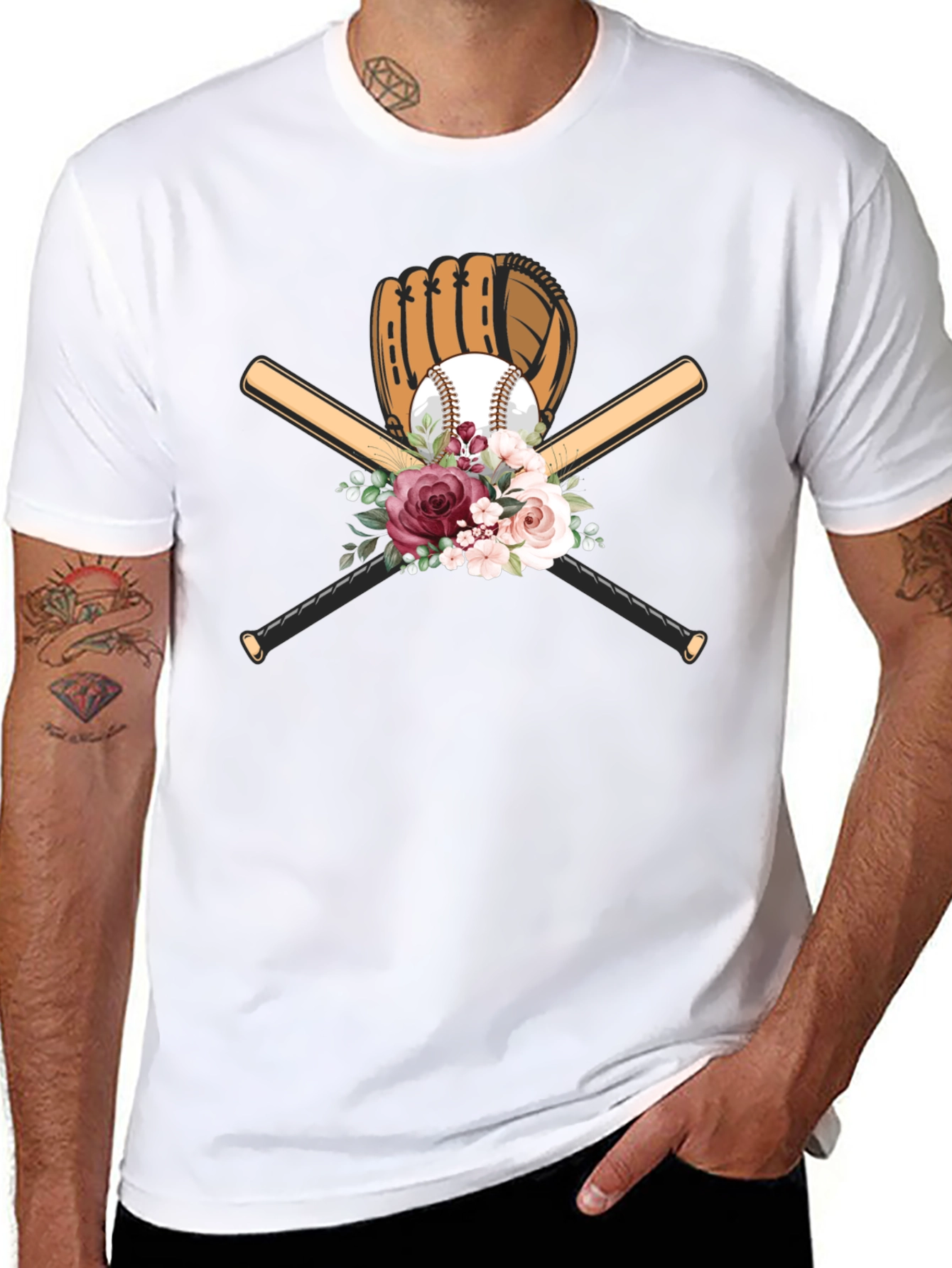 Baseball Floral T-Shirt - Glove & Bats Design