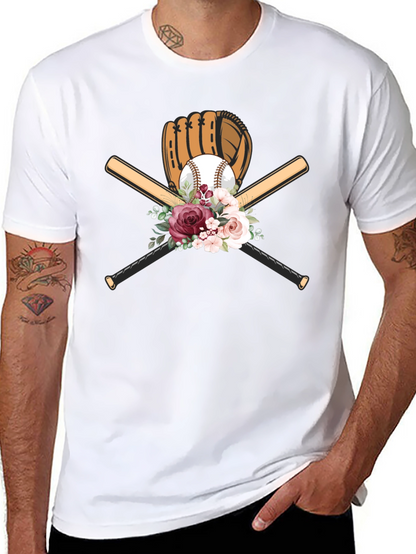Baseball Floral T-Shirt - Glove & Bats Design