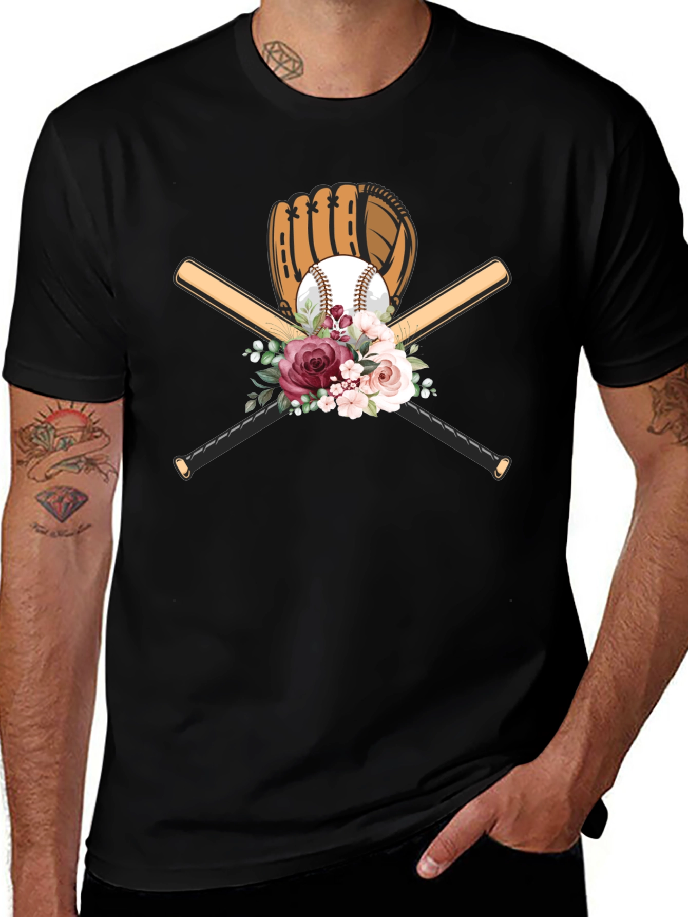 Baseball Floral T-Shirt - Glove & Bats Design