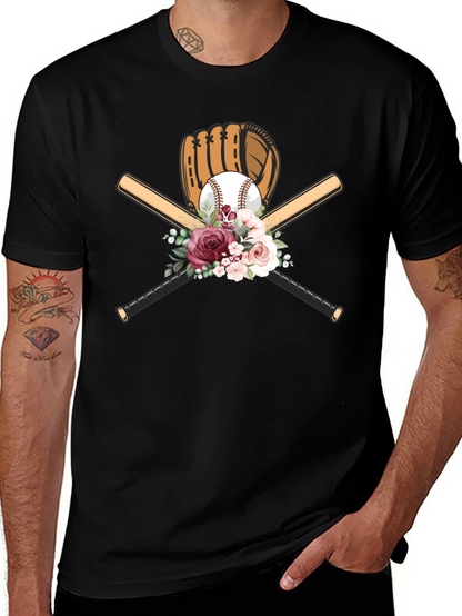 Baseball Floral T-Shirt - Glove & Bats Design