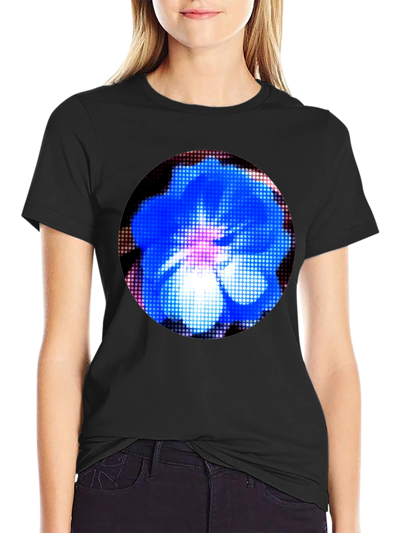 Blue Flower Graphic Black T-Shirt