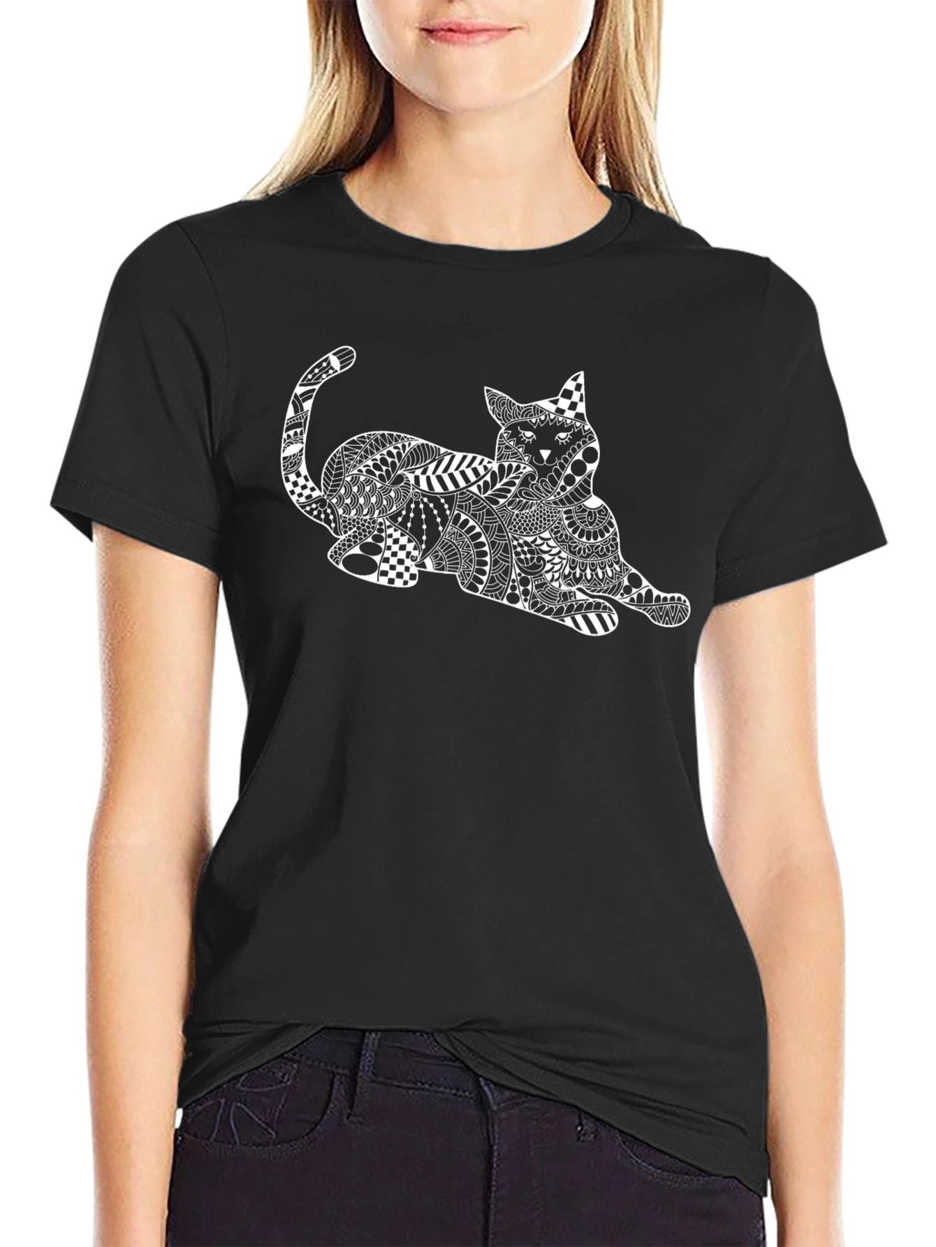 Abstract Cat Graphic T-Shirt - Black