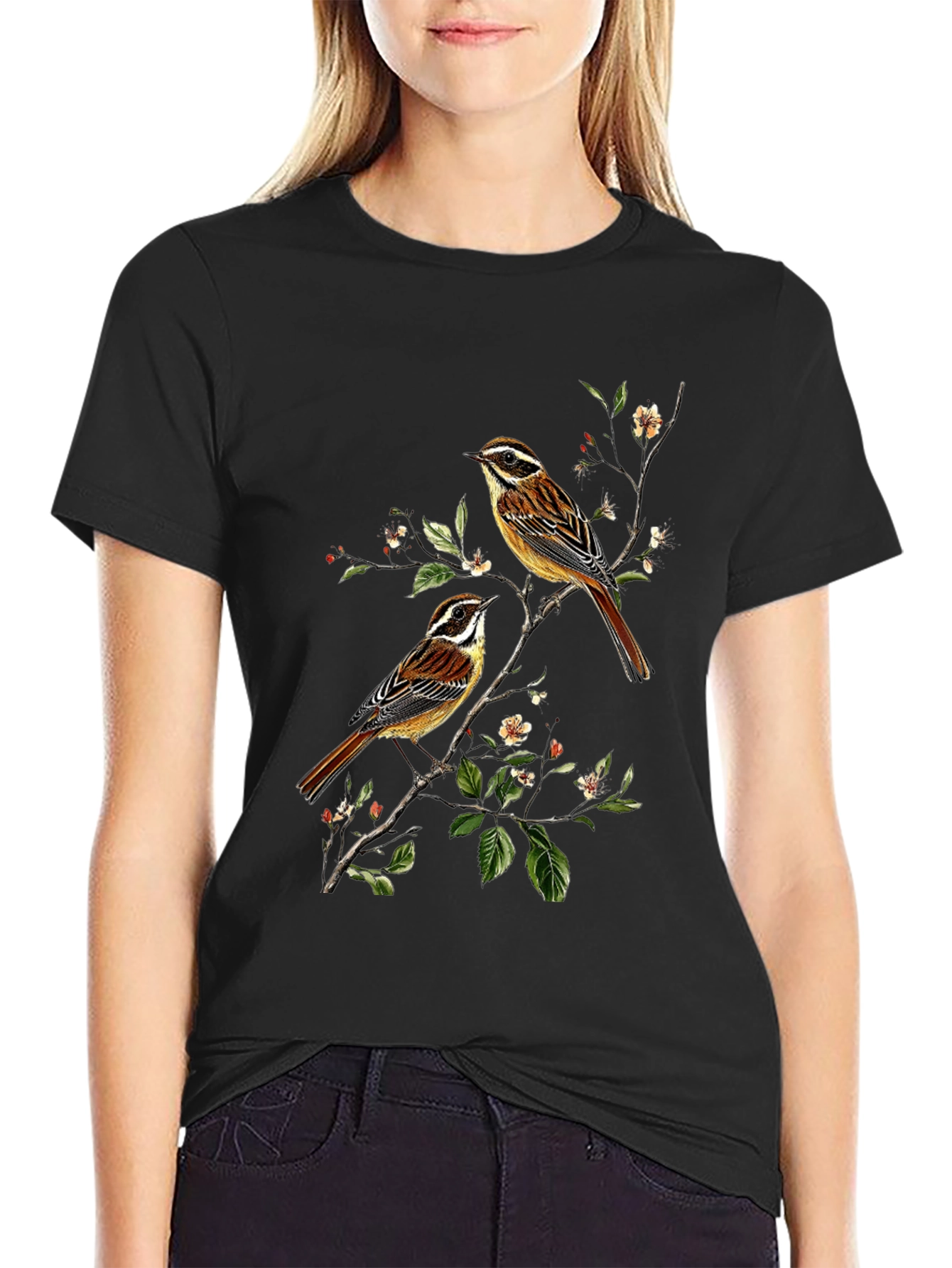 Birds on Branch Graphic Tee - Black Cotton Shirt