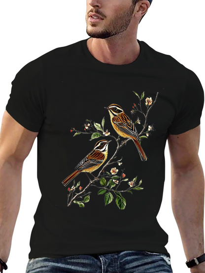 Birds on Branch Graphic Tee - Black Cotton Shirt