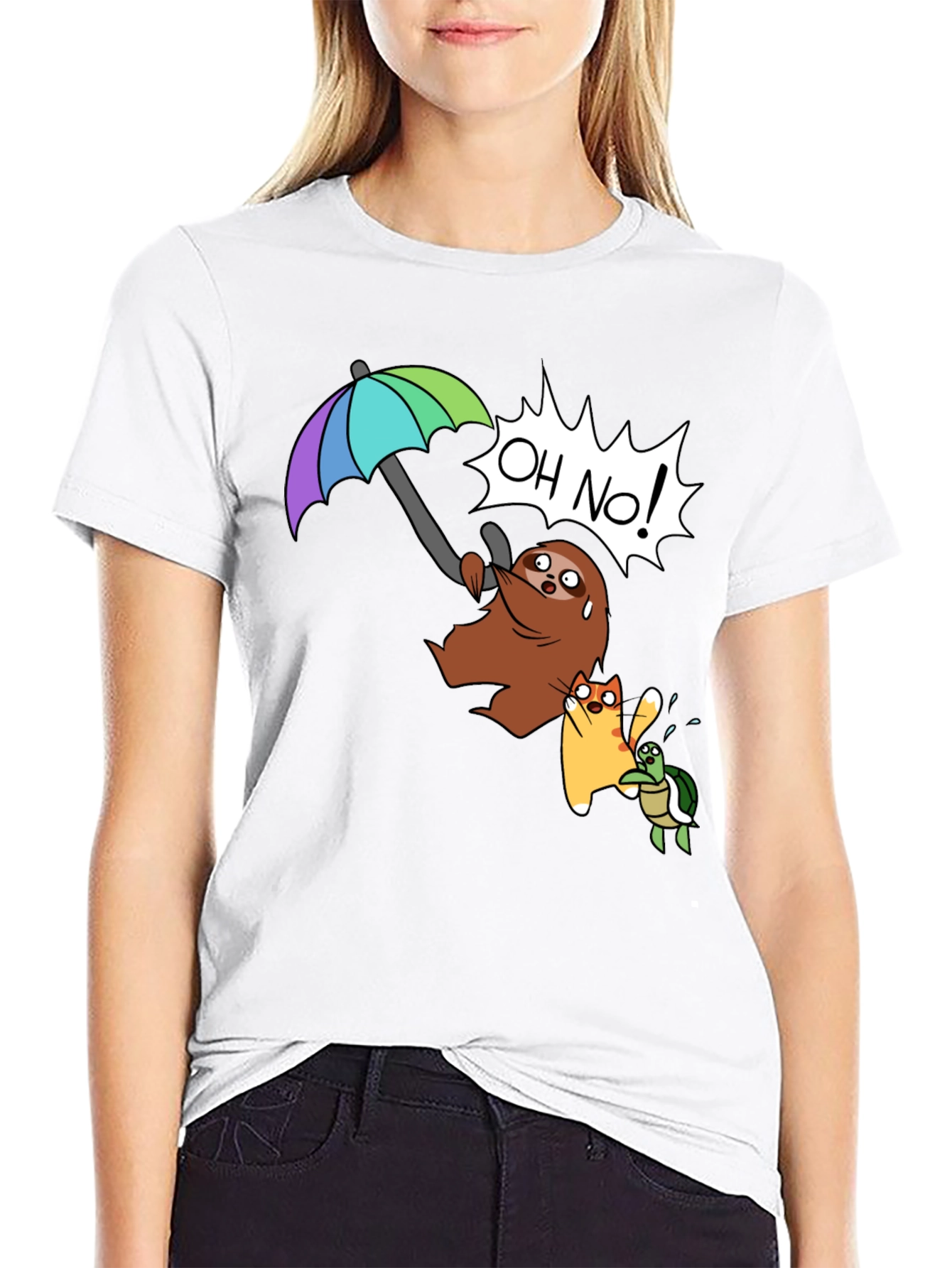 Cartoon Sloth Cat Turtle T-Shirt