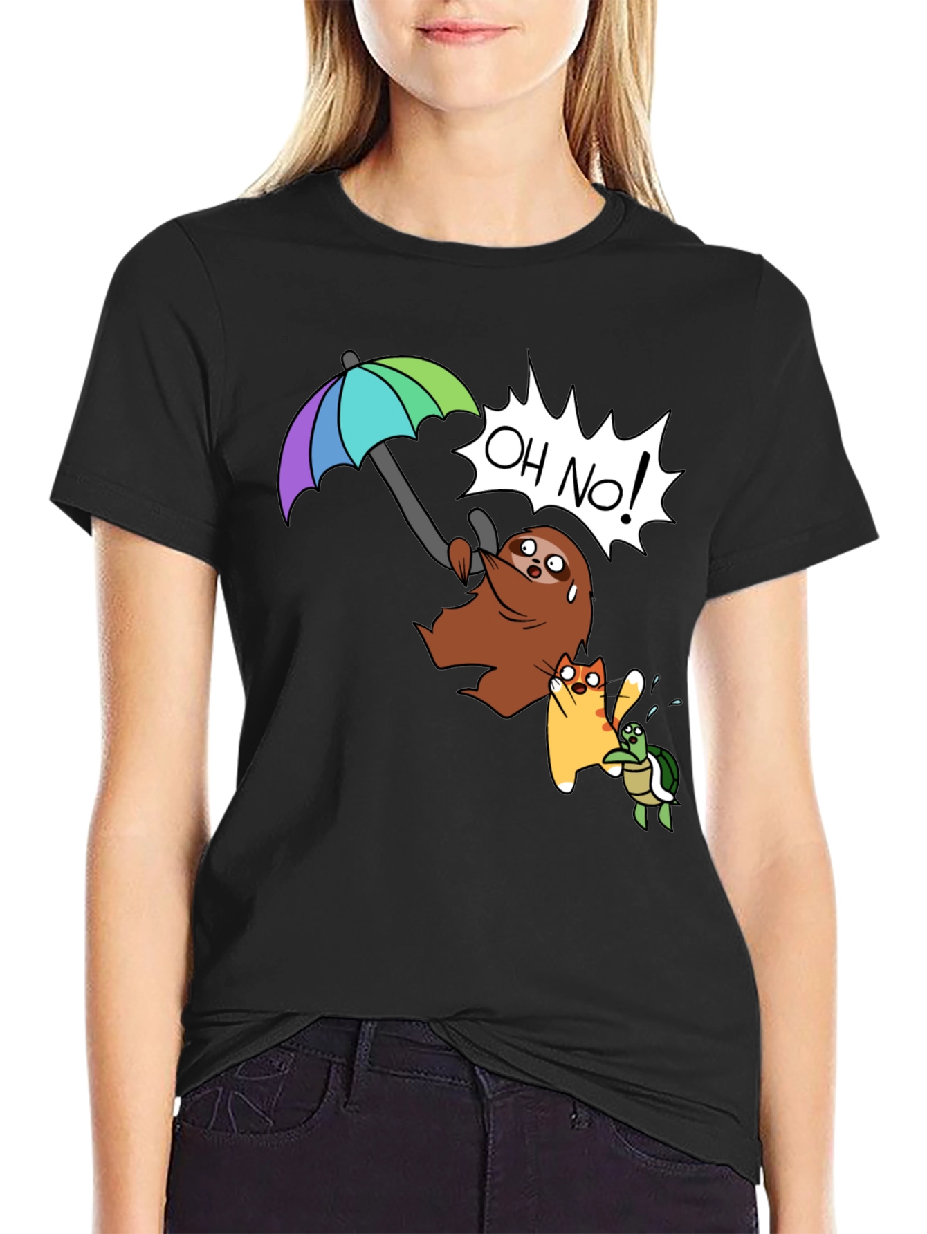 Cartoon Sloth Cat Turtle T-Shirt