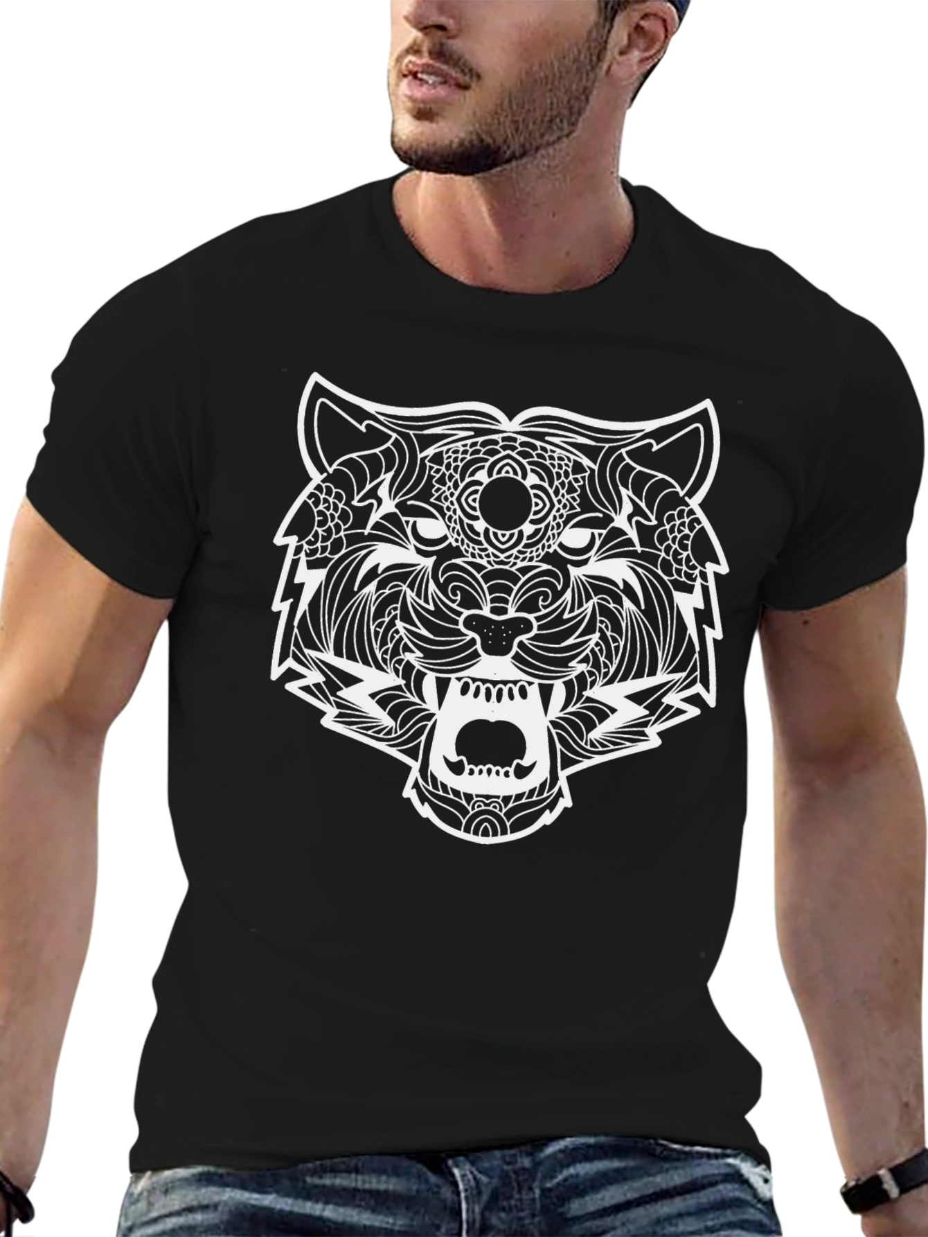 Black T-Shirt with Ornate Tiger Graphic