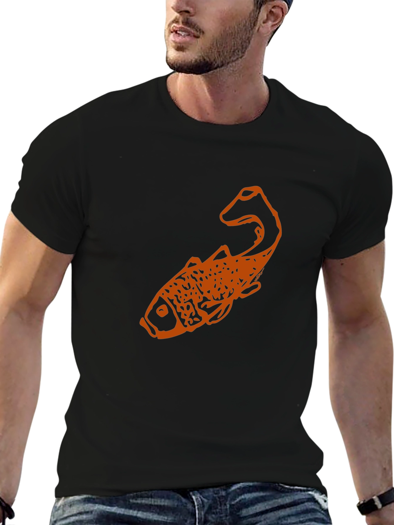 Black T-Shirt with Orange Fish Graphic