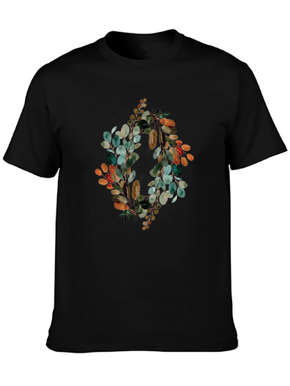 Botanical Wreath Graphic Tee - Stylish Mens Black T-Shirt