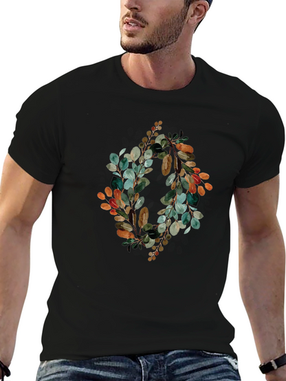 Botanical Wreath Graphic Tee - Stylish Mens Black T-Shirt