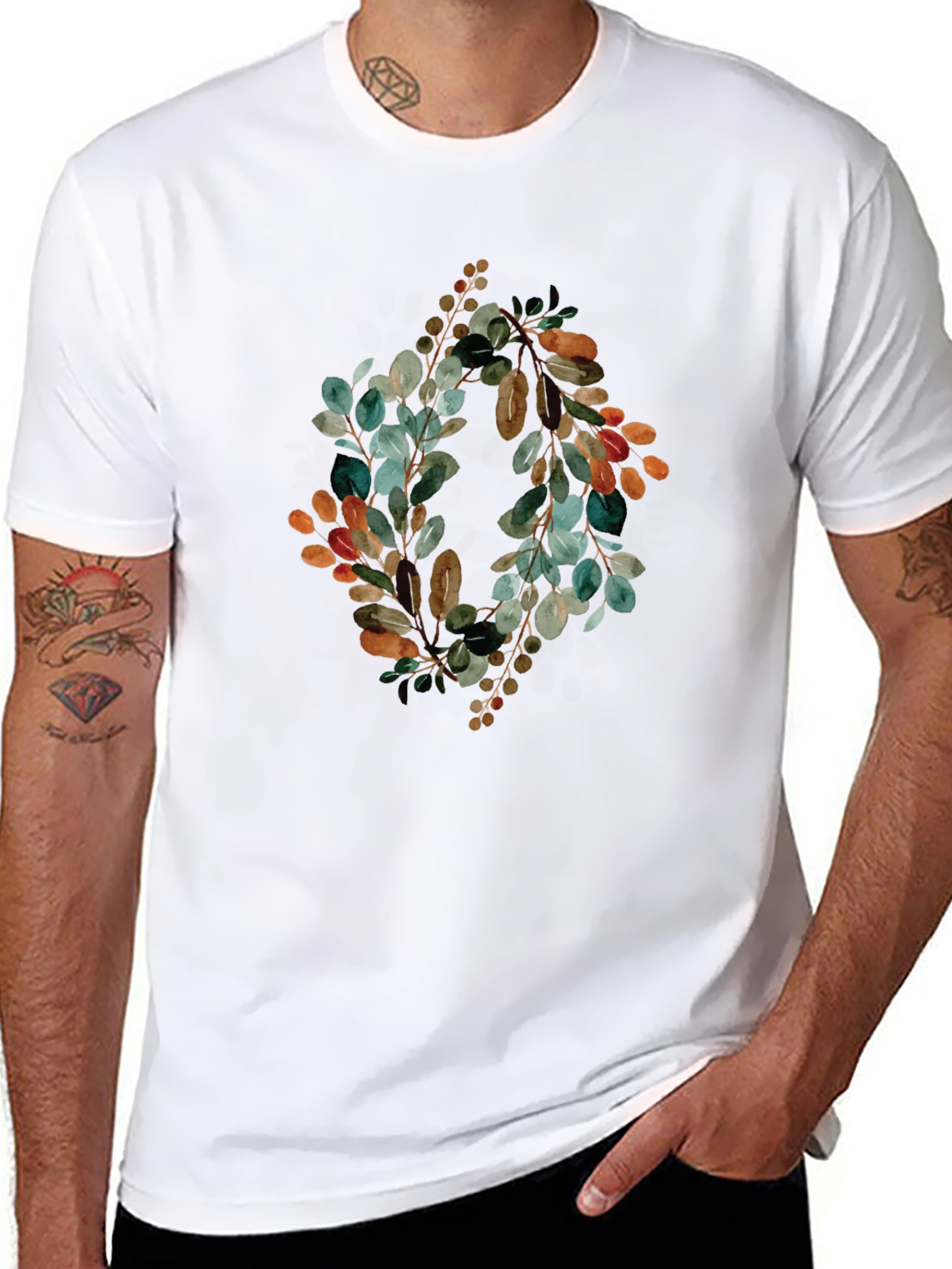 Botanical Wreath Graphic Tee - Stylish Mens Black T-Shirt