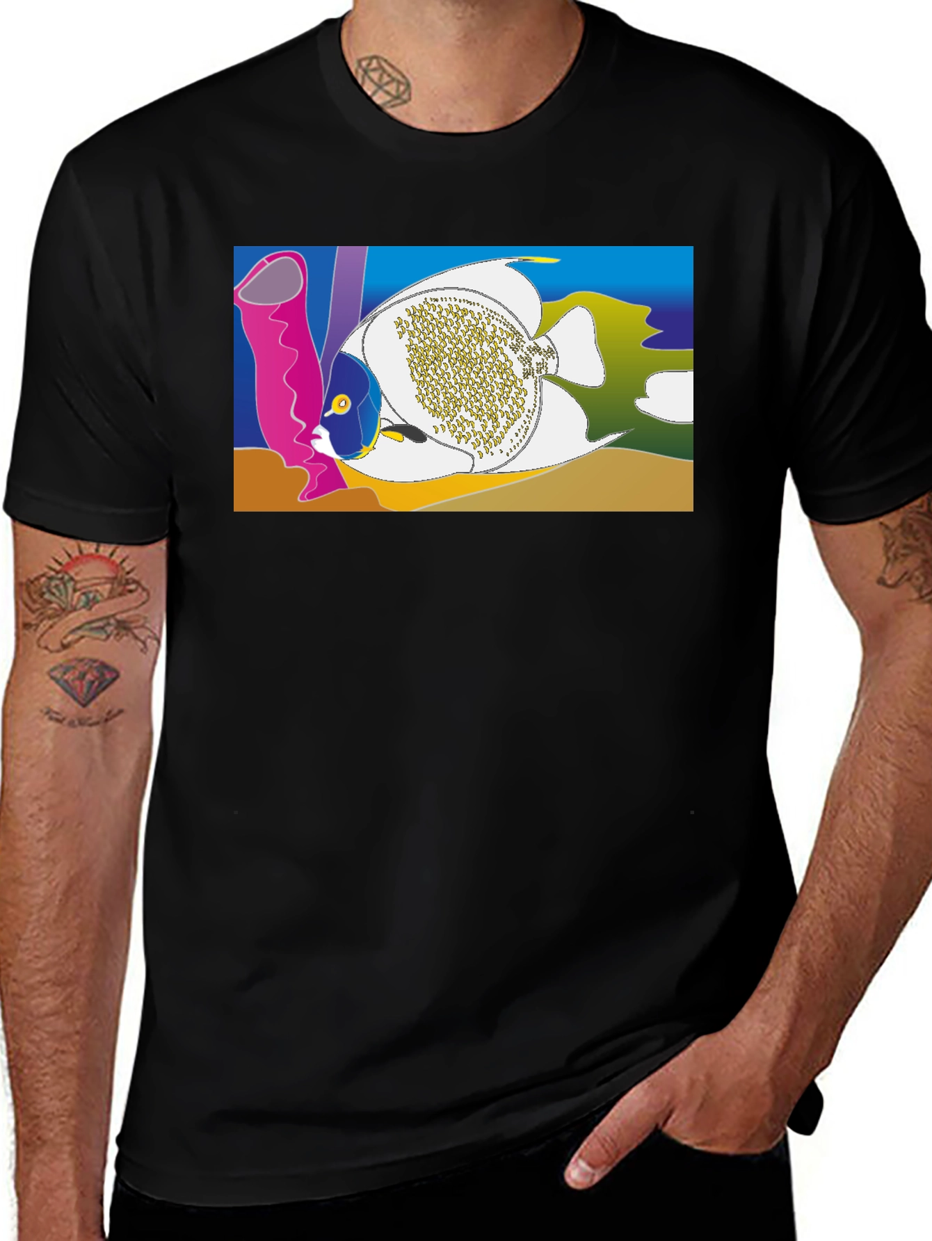 Tropical Fish Graphic T-Shirt - Black Crew Neck Tee