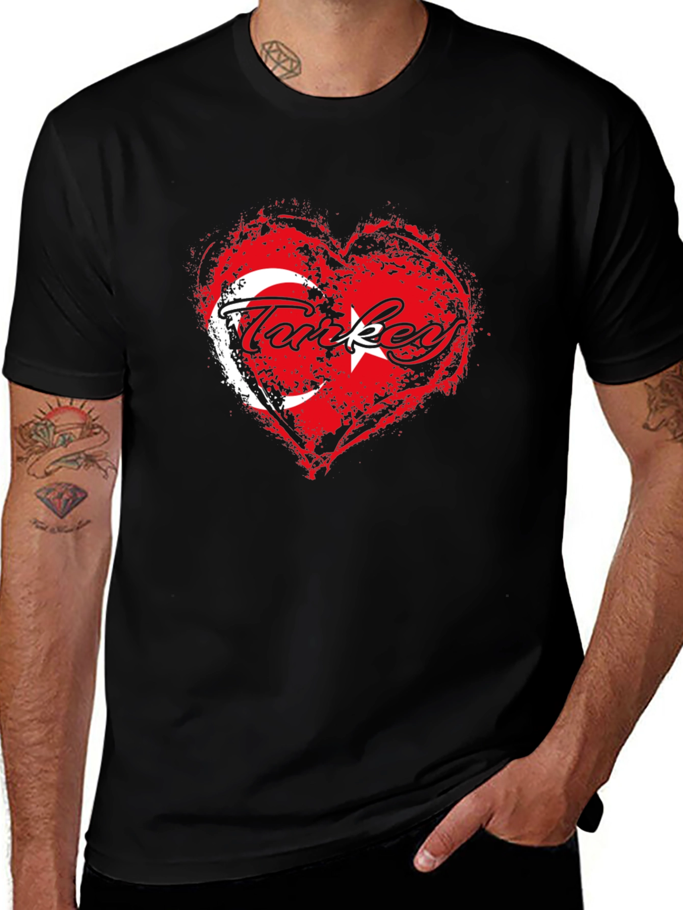 Turkey Flag Heart T-Shirt - Black Crew Neck Tee