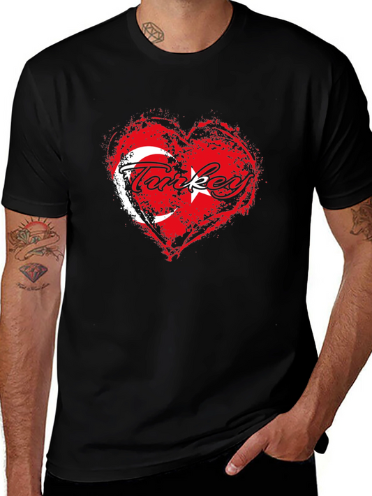 Turkey Flag Heart T-Shirt - Black Crew Neck Tee