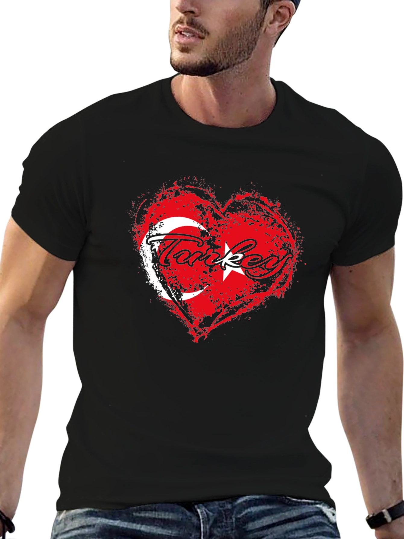 Turkey Flag Heart T-Shirt - Black Crew Neck Tee