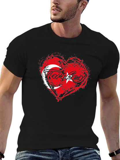 Turkey Flag Heart T-Shirt - Black Crew Neck Tee