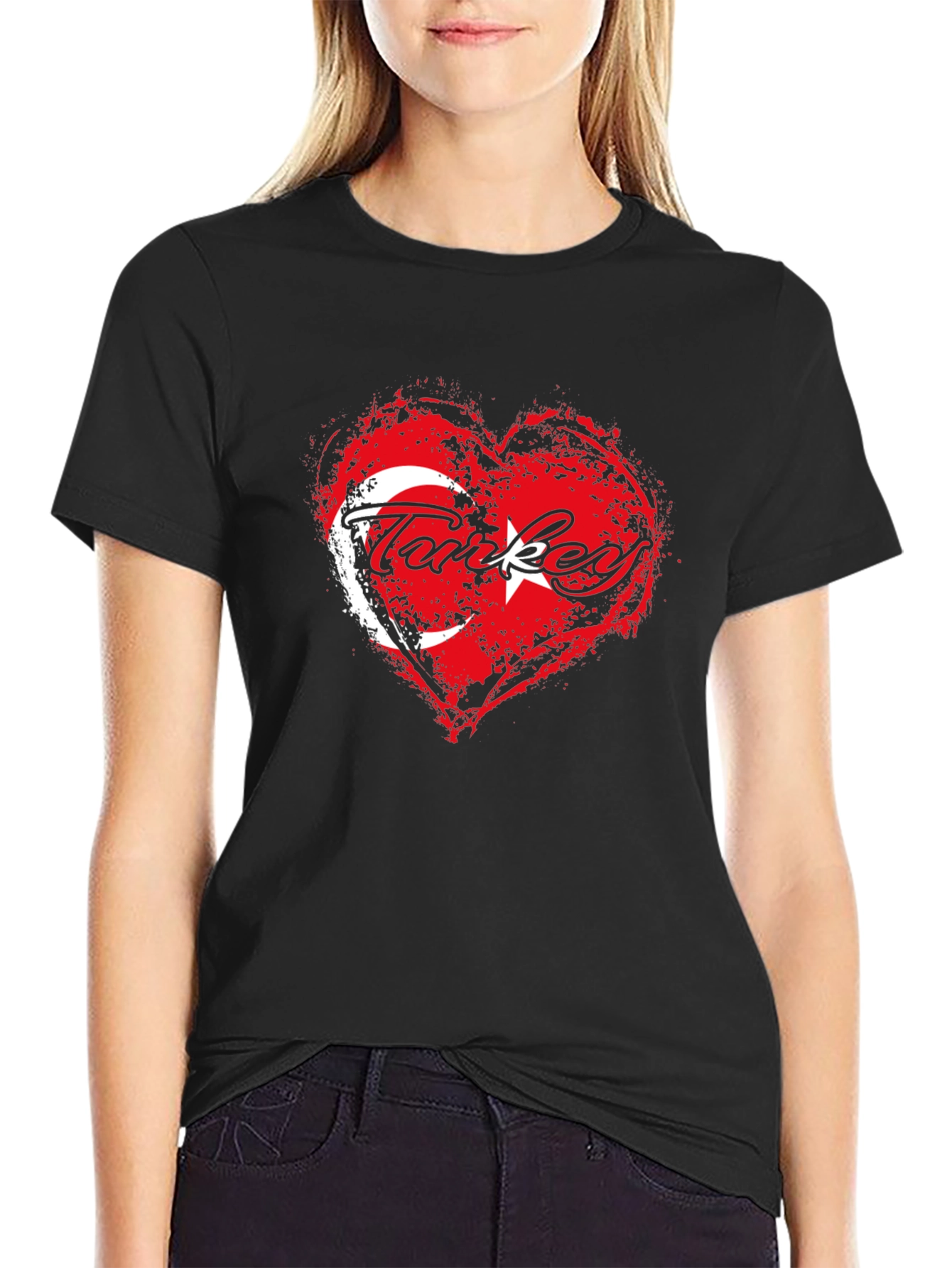 Turkey Flag Heart T-Shirt - Black Crew Neck Tee