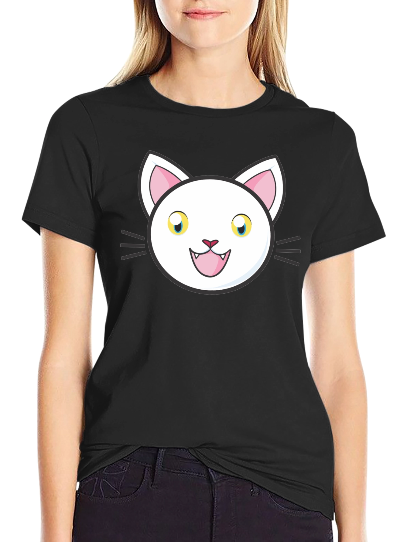 Cartoon Cat Graphic Black T-Shirt
