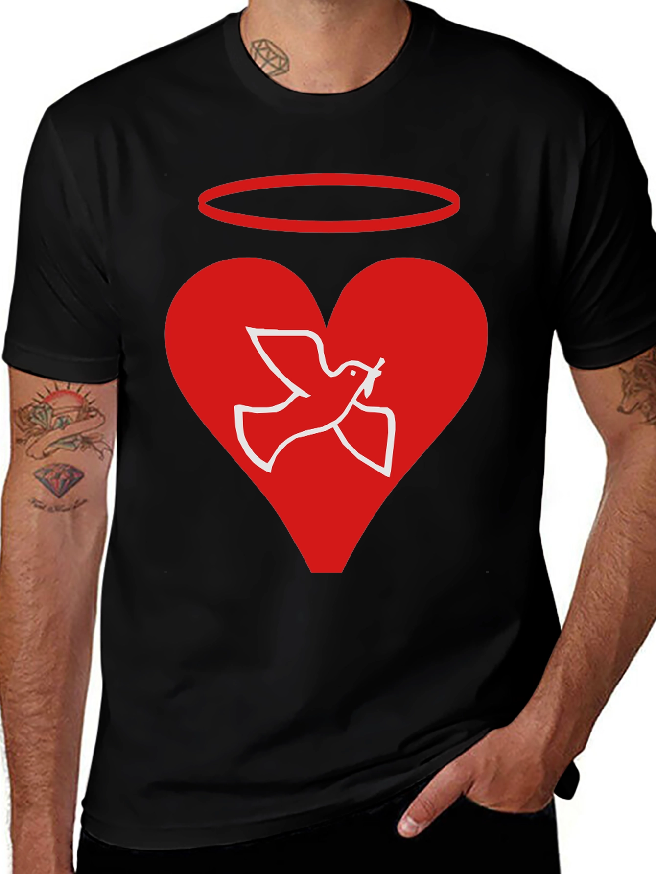 Angel Dove Heart Black Graphic T-Shirt