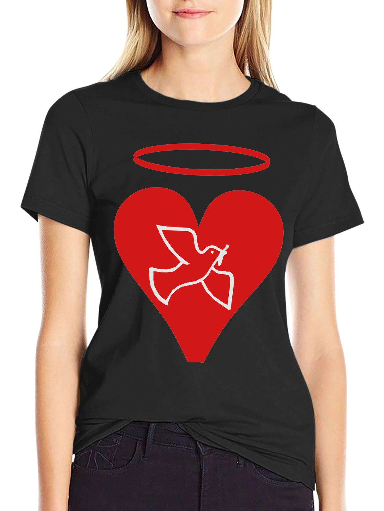 Angel Dove Heart Black Graphic T-Shirt