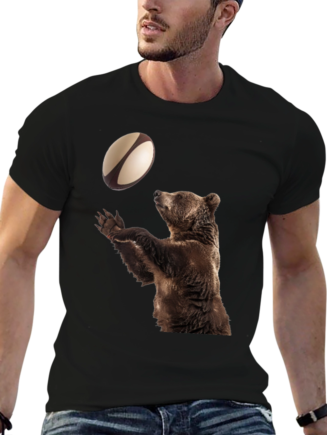 Bear Catching Rugby Ball Black T-Shirt
