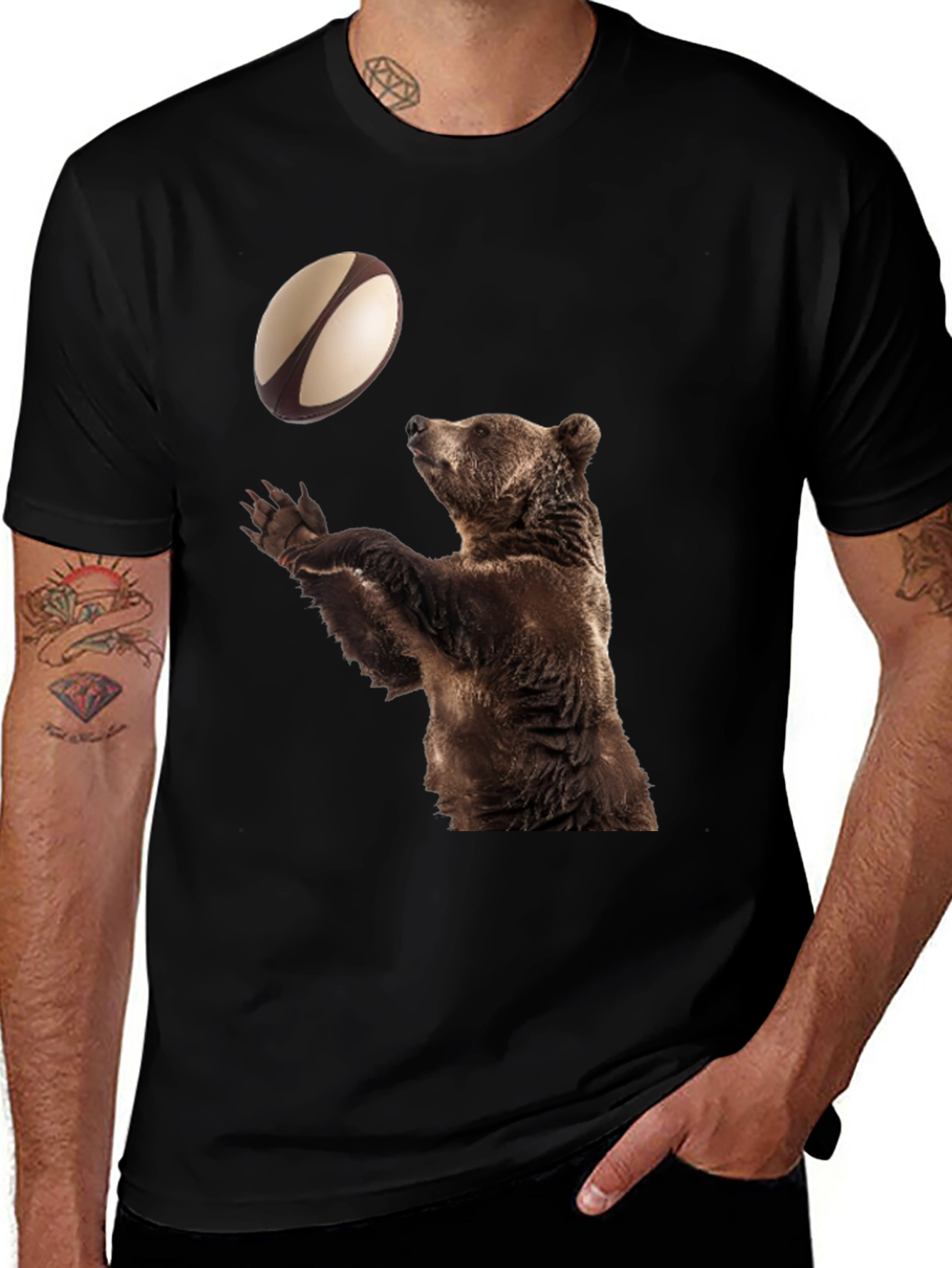 Bear Catching Rugby Ball Black T-Shirt