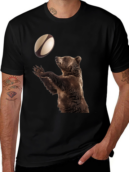 Bear Catching Rugby Ball Black T-Shirt