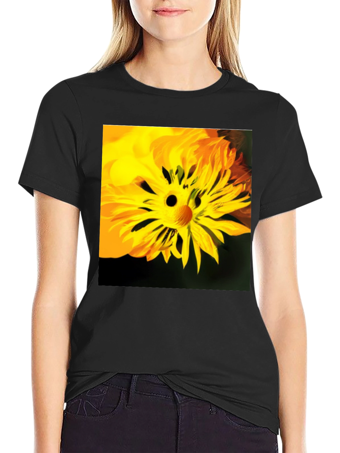 Unique Floral Face Graphic Black T-Shirt