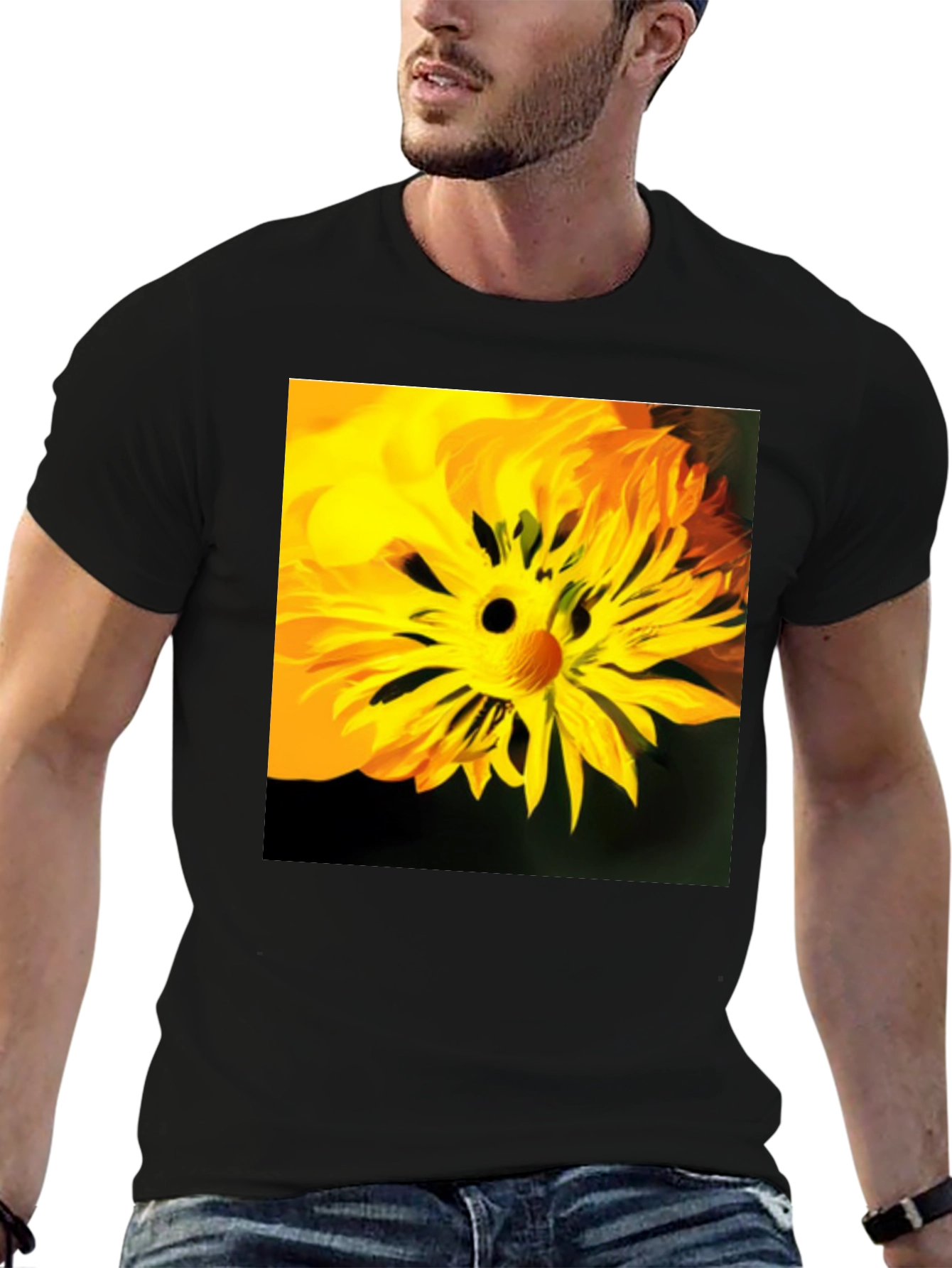 Unique Floral Face Graphic Black T-Shirt