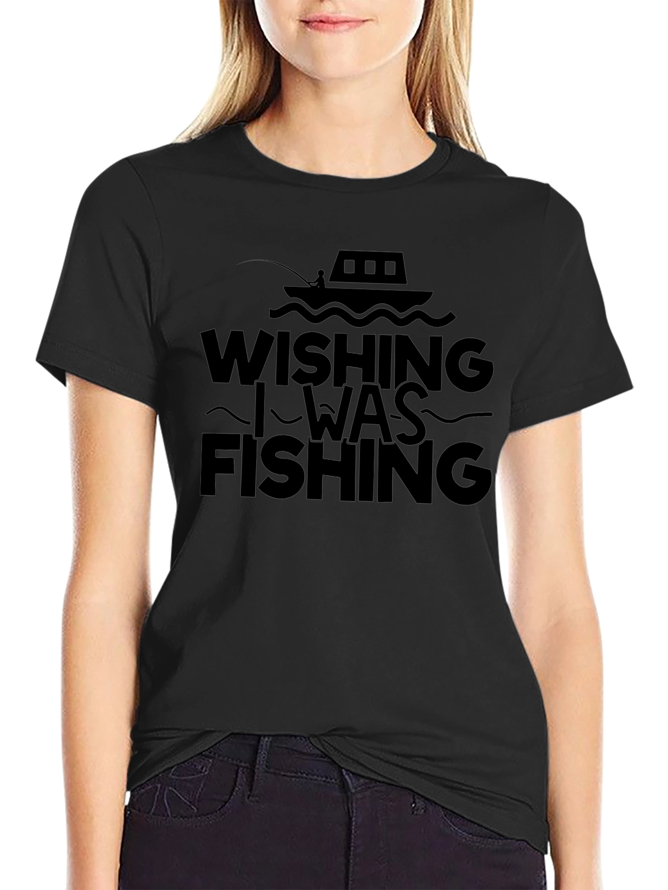 Wishing I Was Fishing Black Tee Shirt
