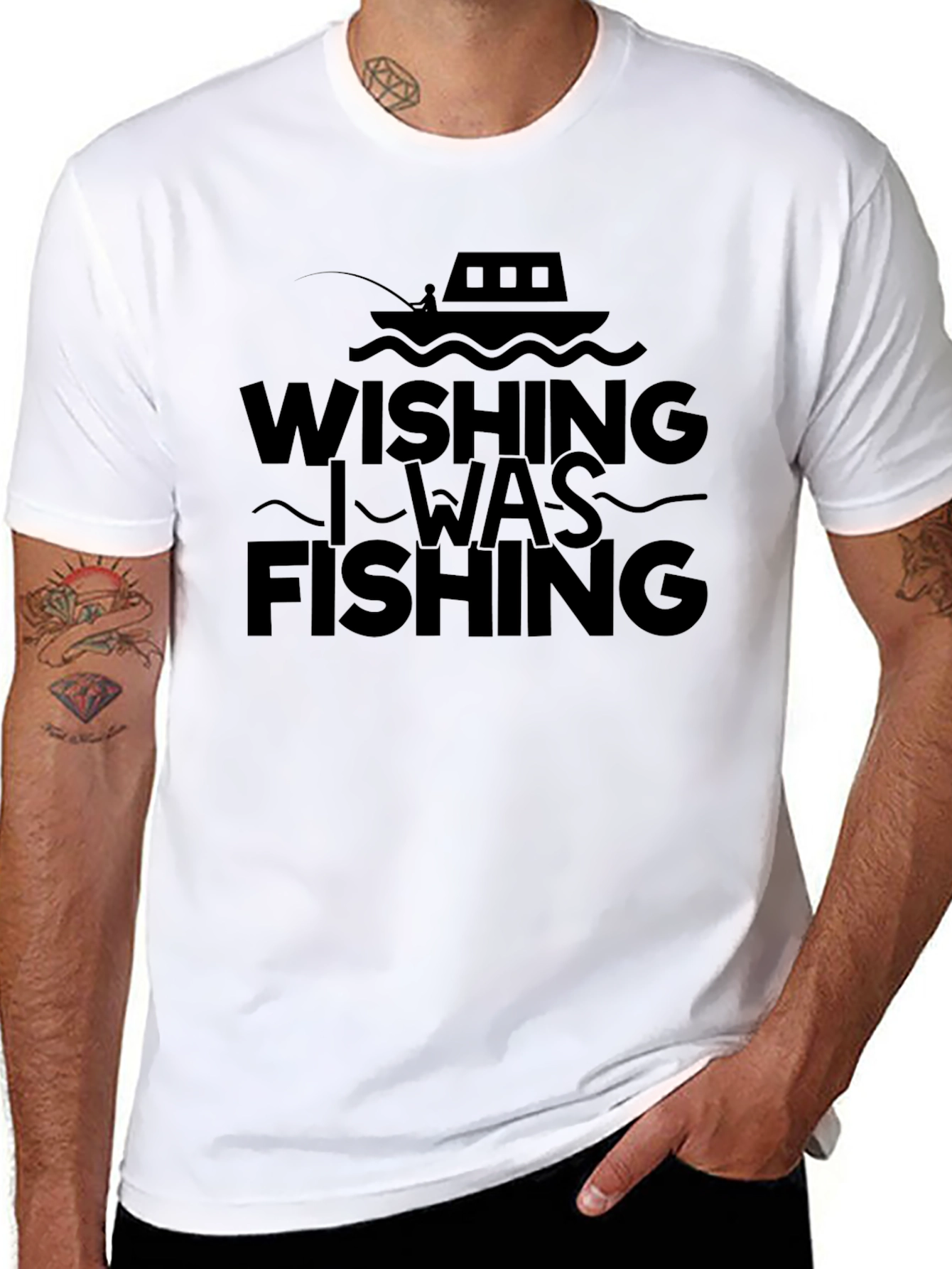 Wishing I Was Fishing Black Tee Shirt
