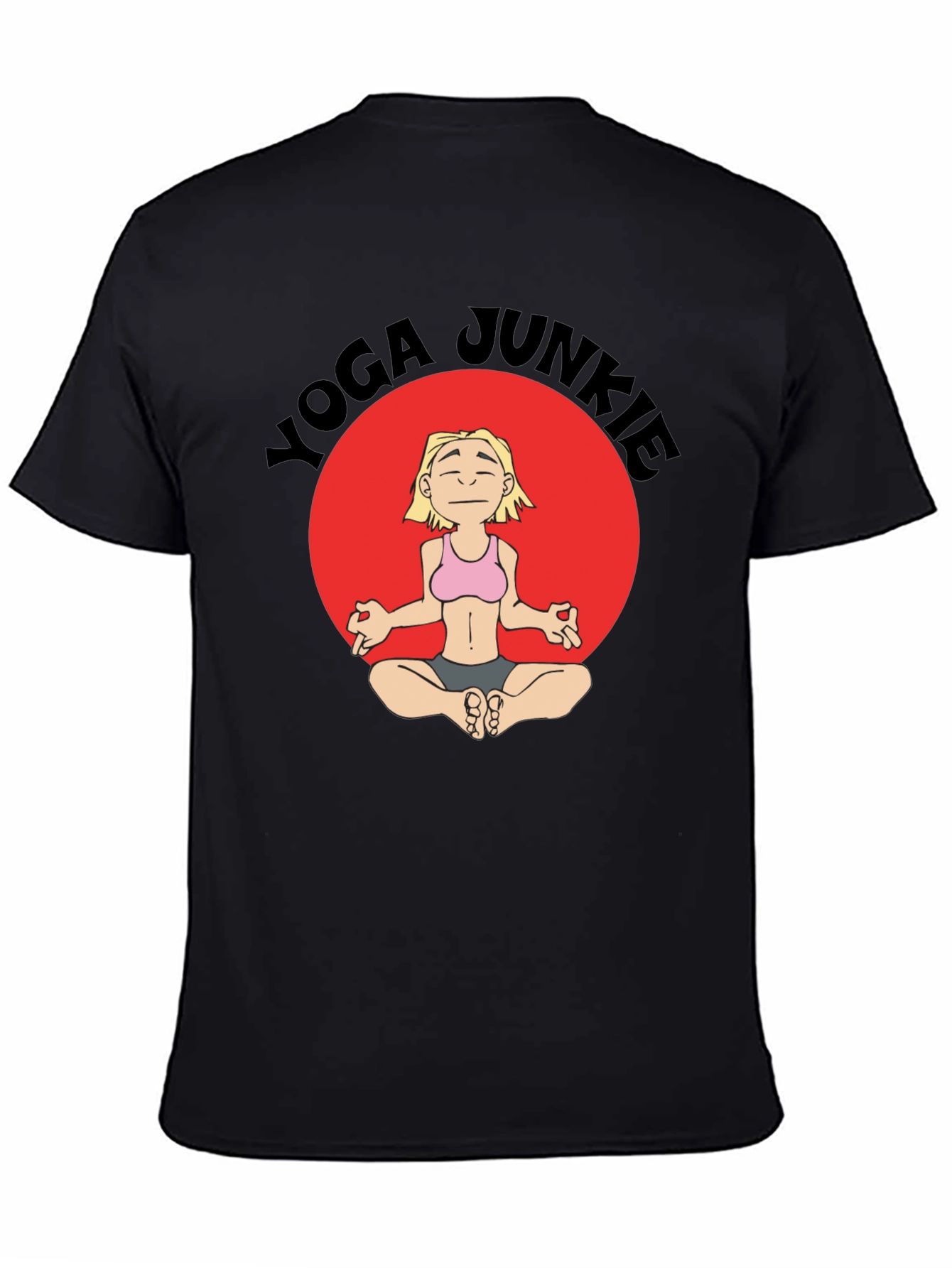 Yoga Junkie Black T-Shirt with Cartoon Graphic