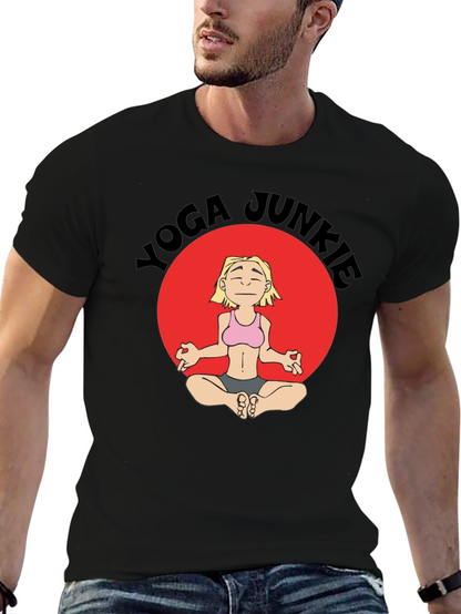 Yoga Junkie Black T-Shirt with Cartoon Graphic