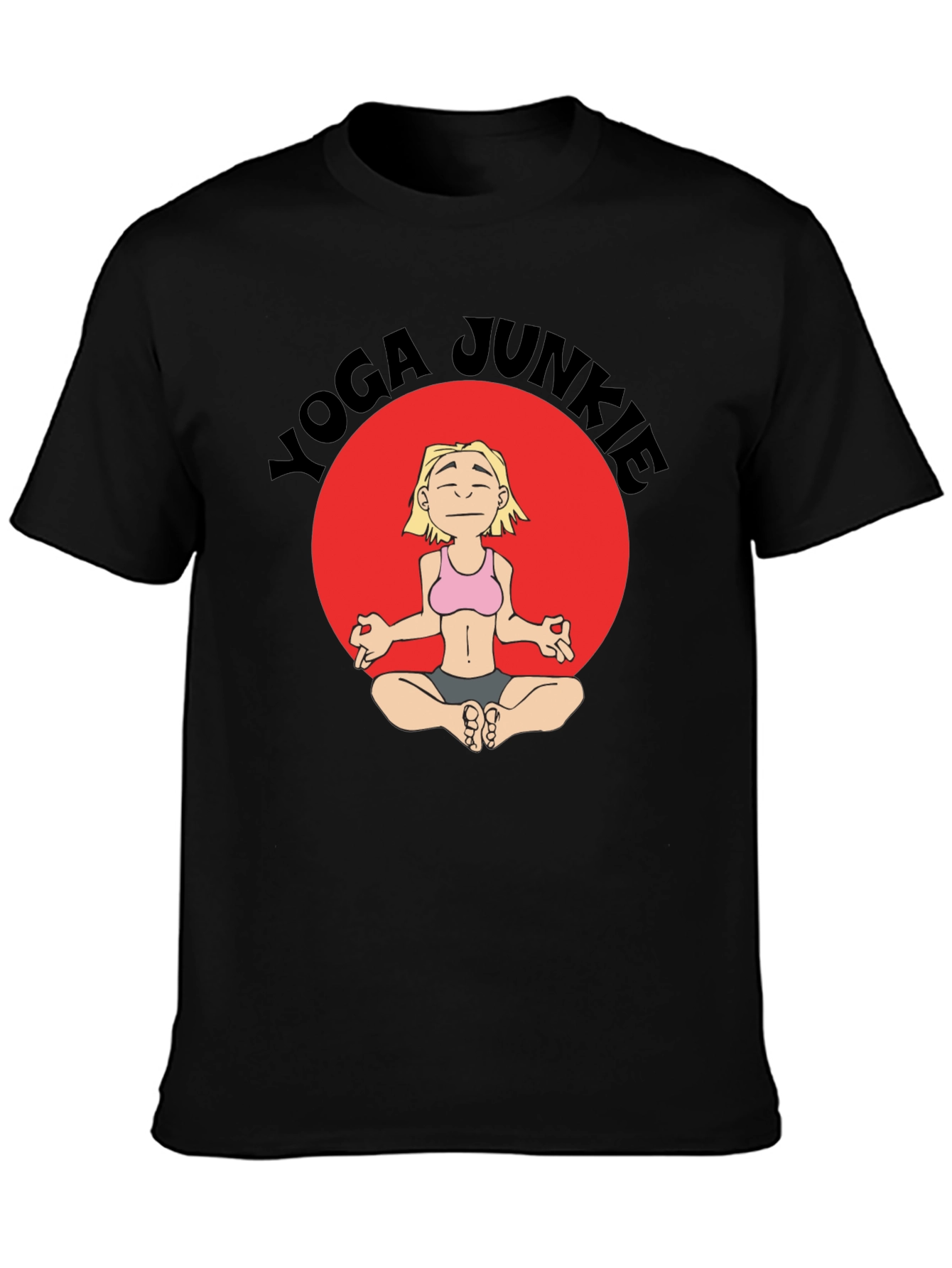 Yoga Junkie Black T-Shirt with Cartoon Graphic