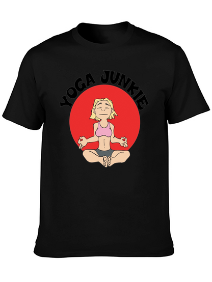 Yoga Junkie Black T-Shirt with Cartoon Graphic